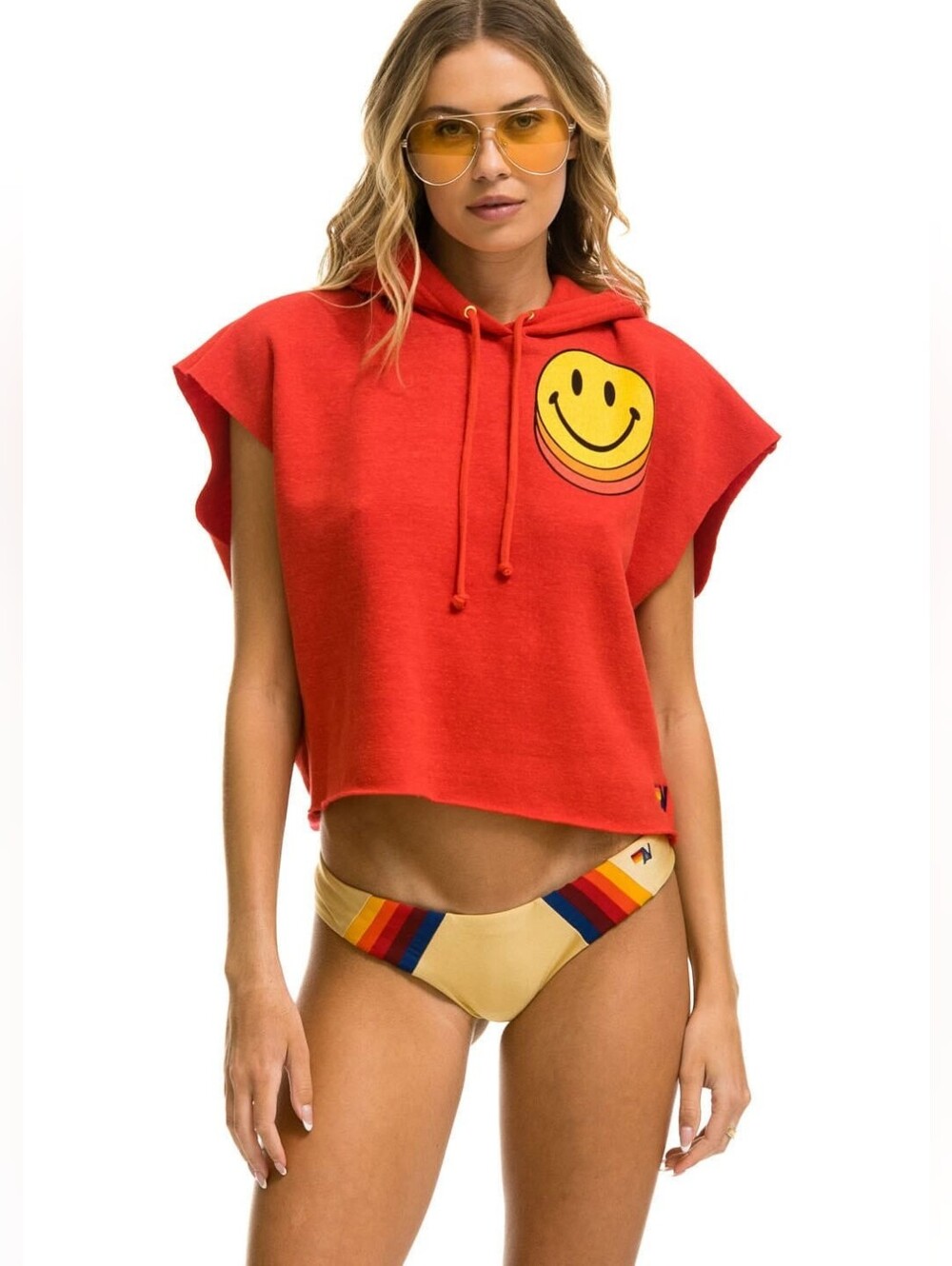 Aviator Nation Smiley Sunset Sleeveless Cropped Pullover Hoodie Red Size S